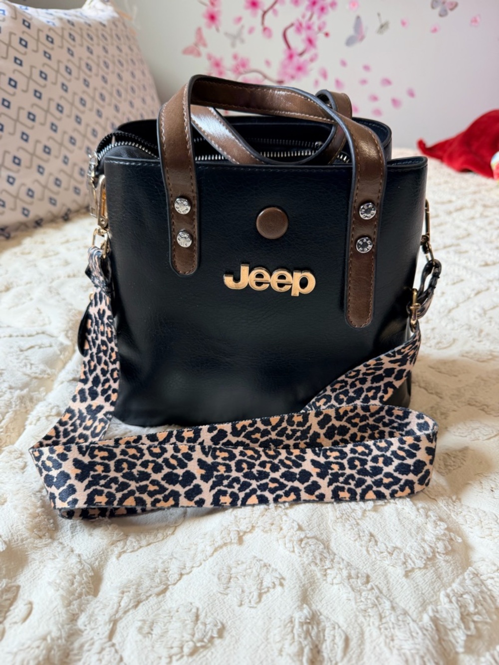 Jeep Black Handbag with Brown Handles and Leopard Strap